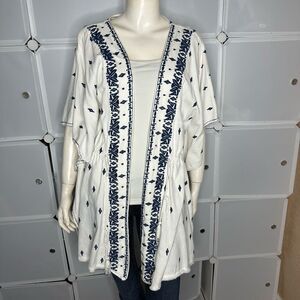 Zara Medium Kaftan Cover Up Kimono Robe Embroidered Tie White Navy Blue Boho Siz